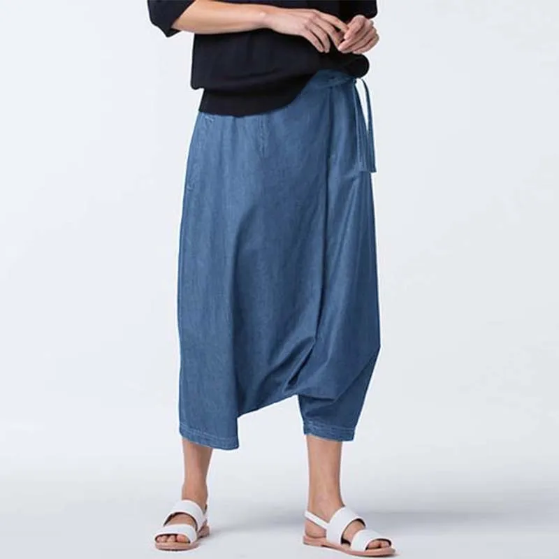 Light Blue ZANZEA, Женские повседневные шаровары размера плюс, лето, осень, с заниженным шаговым швом, джинсовые синие штаны, винтажные, на шнуровке, панталоны, штаны в стиле хип-хоп - Цвет: Light Blue