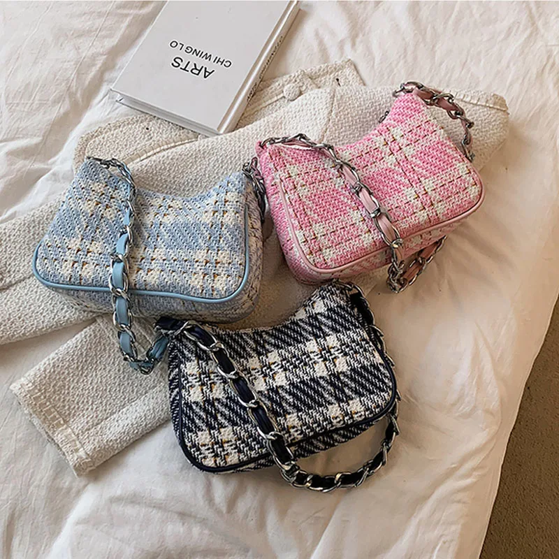 

Fishion Designer Female Luxury Brand Weaving Portable Chain For Women Underarm Shoulder Bag Retro Canvas Plaid Ladies Handbag