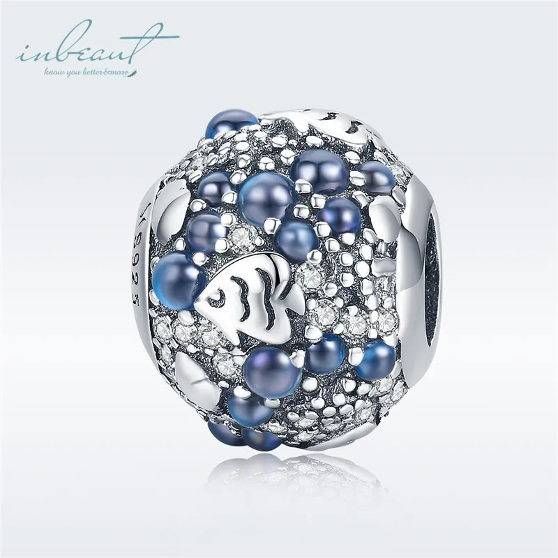 S925 серебро fit Pandora браслет милый морской бусины в виде рыбок 925 Синий Циркон подводная лодка коралловые Подвески для DIY ювелирные изделия подарок