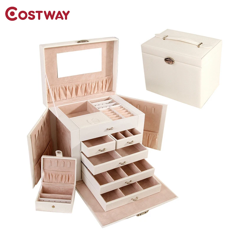 

COSTWAY Portable Jewelry Box Organizer Ring Stud Earrings Jewelry Storage Box With Mirror Faux Leather Box W0227