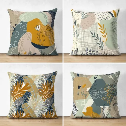 Abstract Drawings Pattern Digital Printed Decorative 4'lü Double-Sided Suede Cushion Pillow Decorate Case SetQuality Colorful Stylish Home Room
