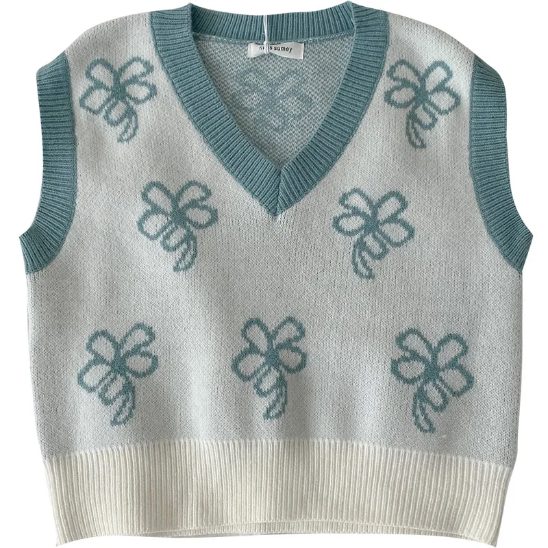 

ZAWAHIKI Japanese Vintage Jacquard Sweater Vest Women Autumn 2021 V Neck Sleeveless Loose Short Pullover All-match Knitted Tops
