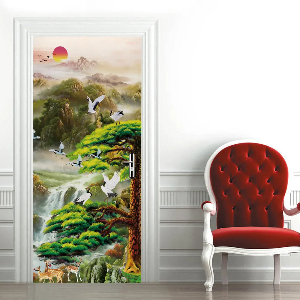 

Chinese Style Landscape Picture Door Stickers White Goose Pine Tree Home Decoration Bedroom Living Room Door Decals Waterproof
