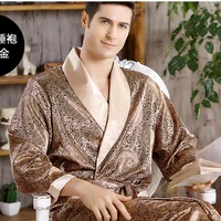 men home clothes nightgown summer satin kimono gown casual sleepwear plus size 3xl 4xl 5xl print gold home dressing robe