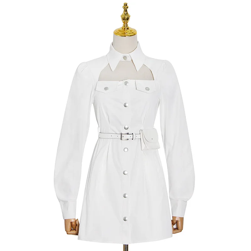 

New temperament lapel hollow waist bag long sleeve white shirt short dress women tide