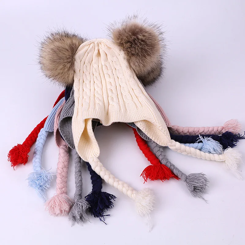 Детская шапка с помпоном из искусственного меха детская зимняя вязаная крючком