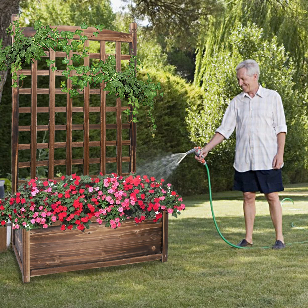 Large Wood Planter Free Standing Plant Raised Bed with Trellis for Garden Yard