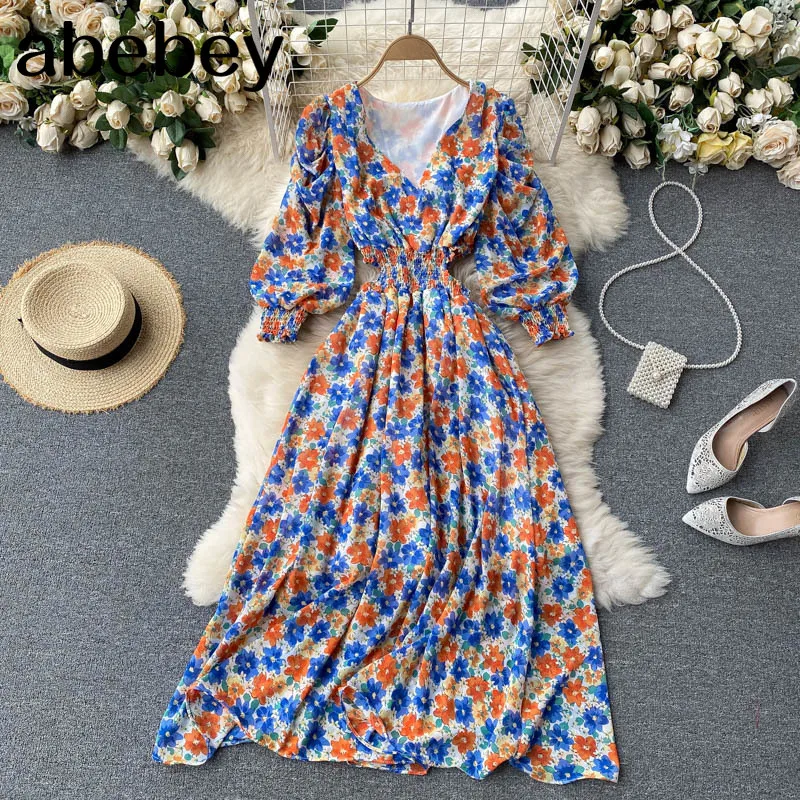 

Женское летнее платье в стиле бохо, длинное платье с цветочным принтом, элегантное пляжное платье-трапеция с V-образным вырезом, пышными рук...