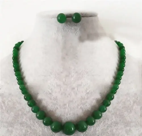 

Fashion 6-14mm Natural Green Jade Round Gemstone Beads Necklace 18INCH Earring Set