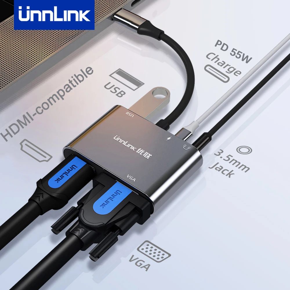 USB-концентратор Unnlink с разъемами USB Type-C и HDMI VGA 3 0 5 мм 55 Вт | Электроника