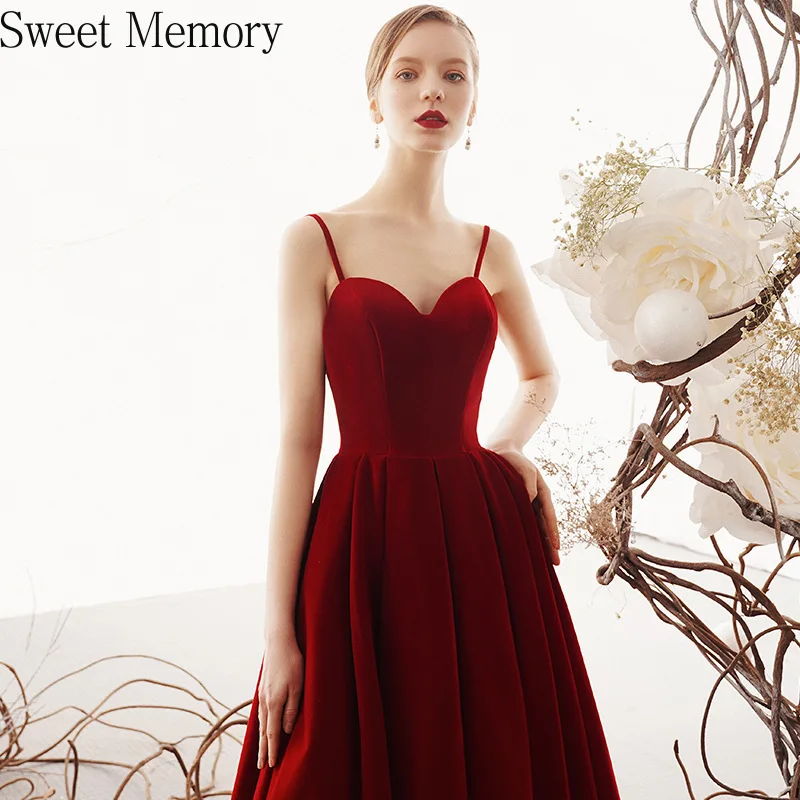 

N0118 Custom Made 2021 Sweet Memory Sexy Backless Tea-Length Wine Red Velour Evening Dresses Banquet Vestidos Prom Robes