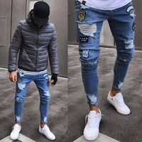 mens jean stretchy skinny biker embroidery print jeans destroyed hole taped slim fit denim scratched high quality jean