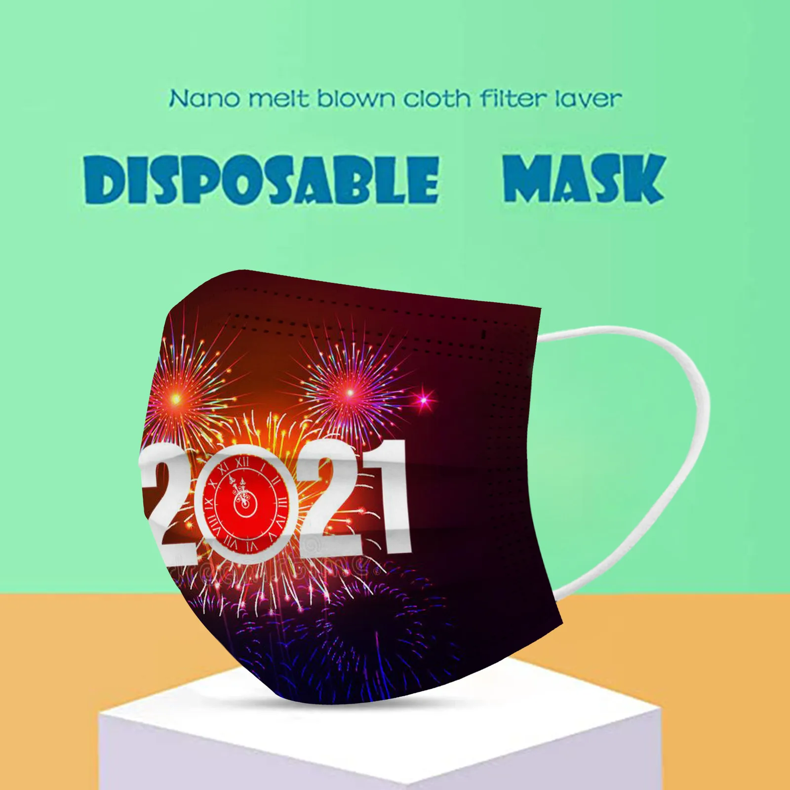 

50pcs Adult 2021 Happy New Years Printing Disposable Three Layer Protective Breathable Mask Mascarillas Desechables Adultos
