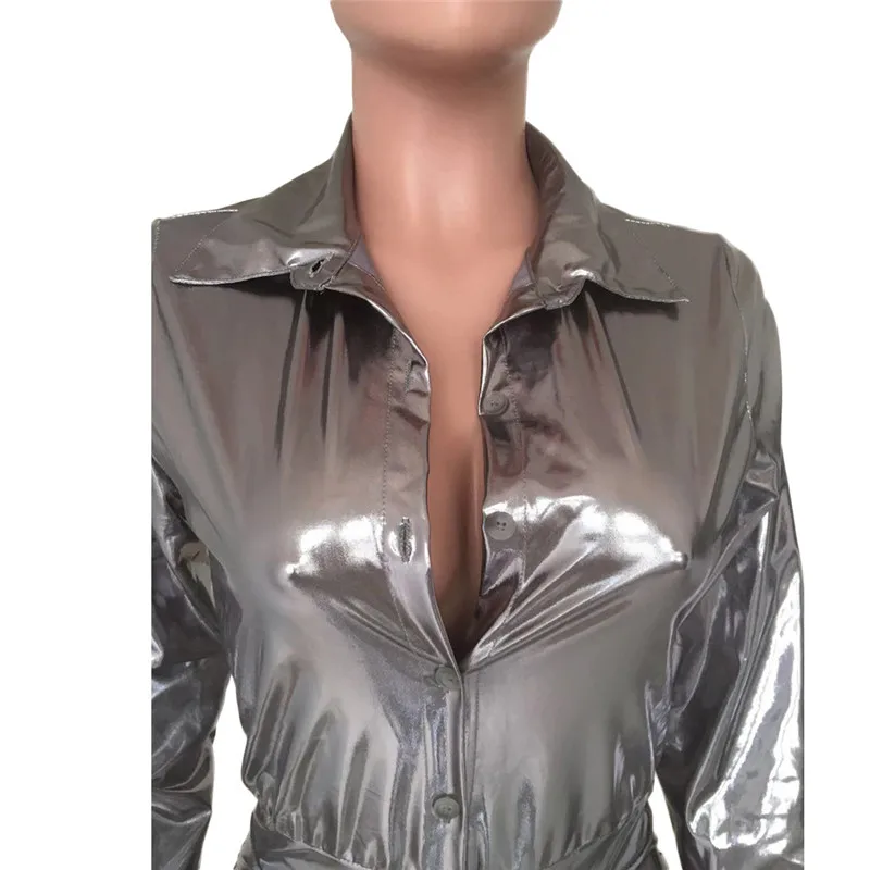 

Shine Silver Jumpsuit Women Romper Button-up Long Sleeve Drawstring Waist Loose Wide Leg Pants Sexy Night Club Party Jumpsuits