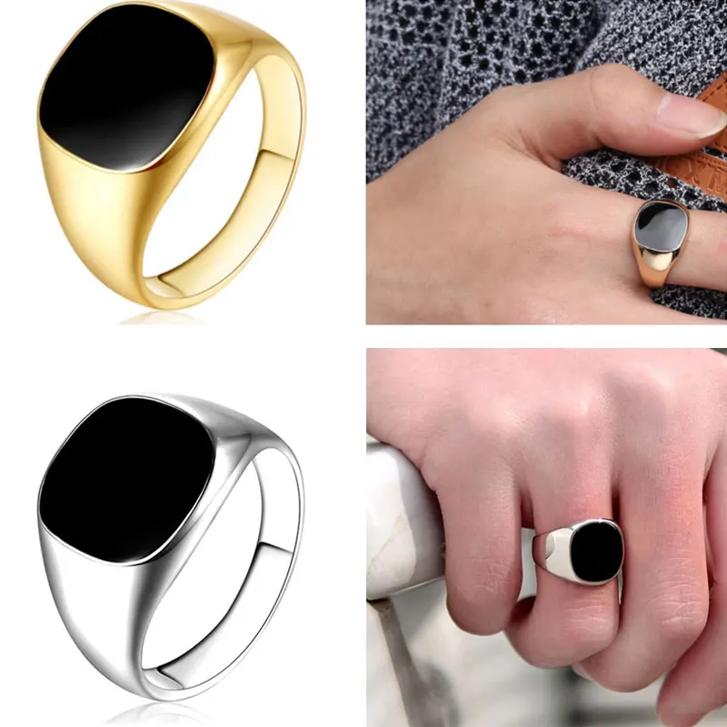 

Men Vintage Ring Enamel Rings Punk Classic Black Drip Imitation Black Stones Male Enamel Ring