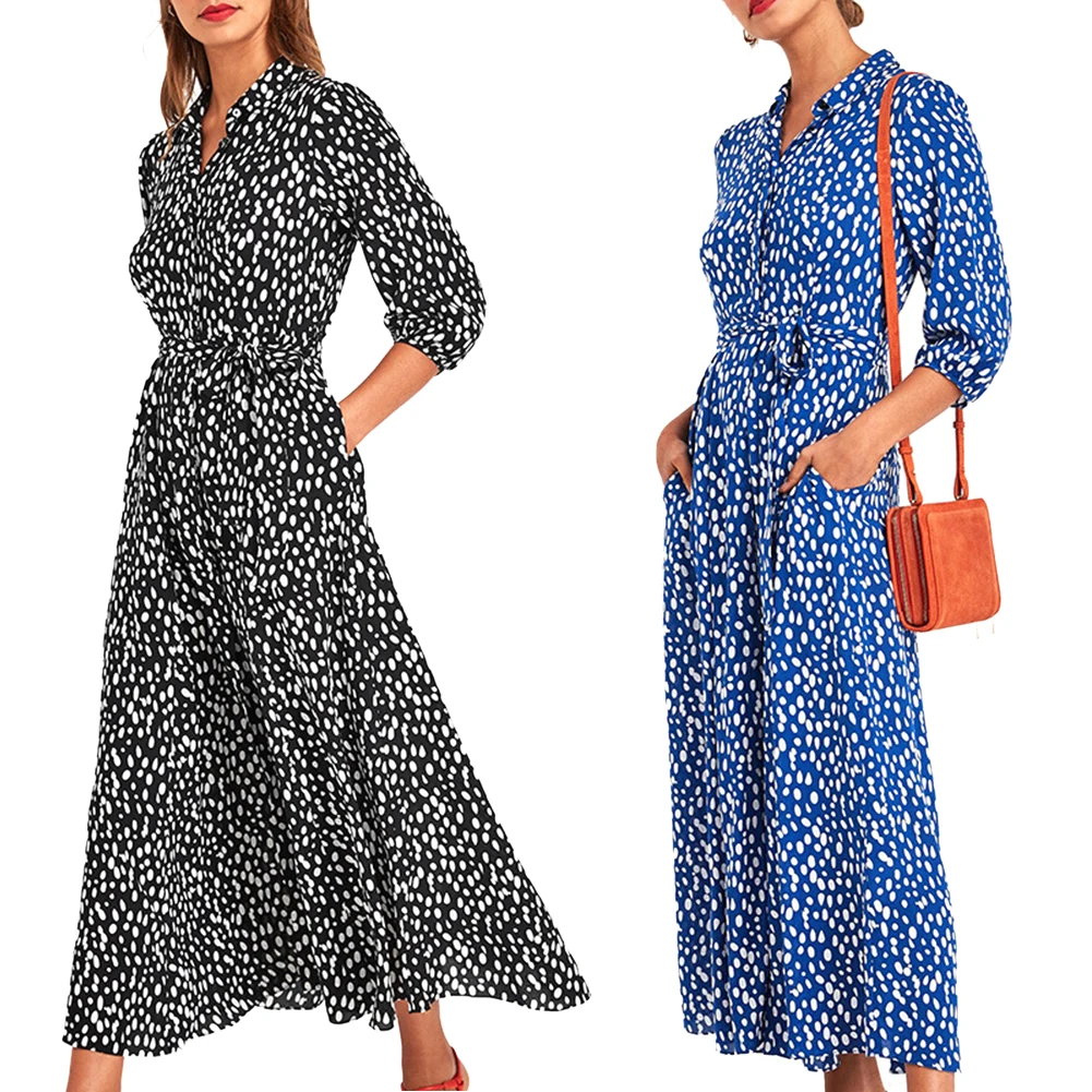 

Винтажное платье макси с цветочным принтом и карманами, женское платье в стиле бохо с рукавом 3/4 и отложным воротником, повседневные платья-...