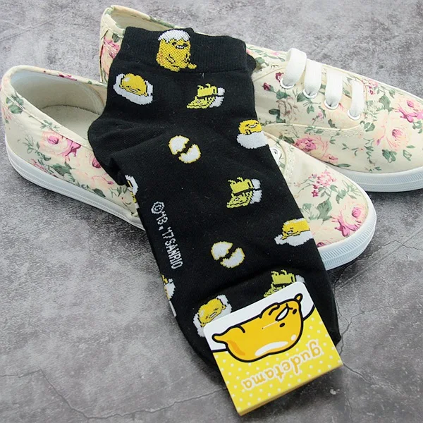 2-1 Black Мультфильм Gudetama с вышитым рисунком Носки милые смешные счастливых женщин весенние, летние носки удобные дышащие хлопковые носки длиной до щиколотки, skarpetki - Цвет: 2-1 Black