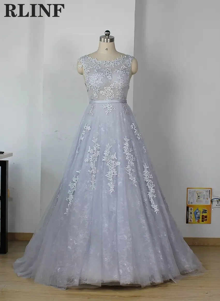 

Fashion Grey Lace Appliques Backless A Line Floor Length Custom Dresses Formal