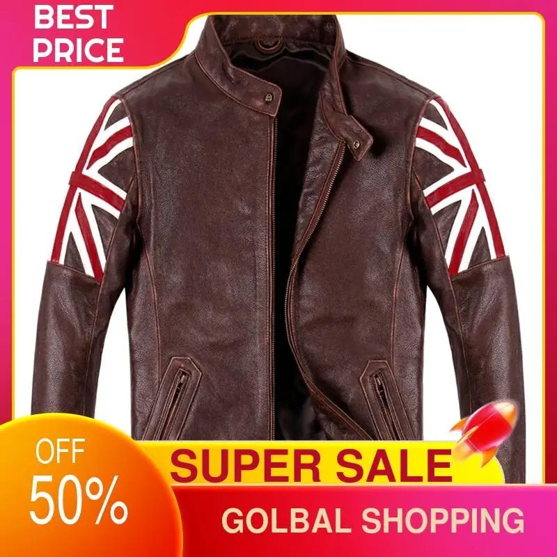 

2021 Vintage Brown Biker Style Genuine Leather Jacket Men Stand Collar Plus Size 5XL Real Natural Cowhide Autumn Motorcycle Coat
