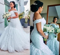 lace mermaid wedding dresses off shoulder applique beads tulle african bridal gown train custom plus size bride dress 2021