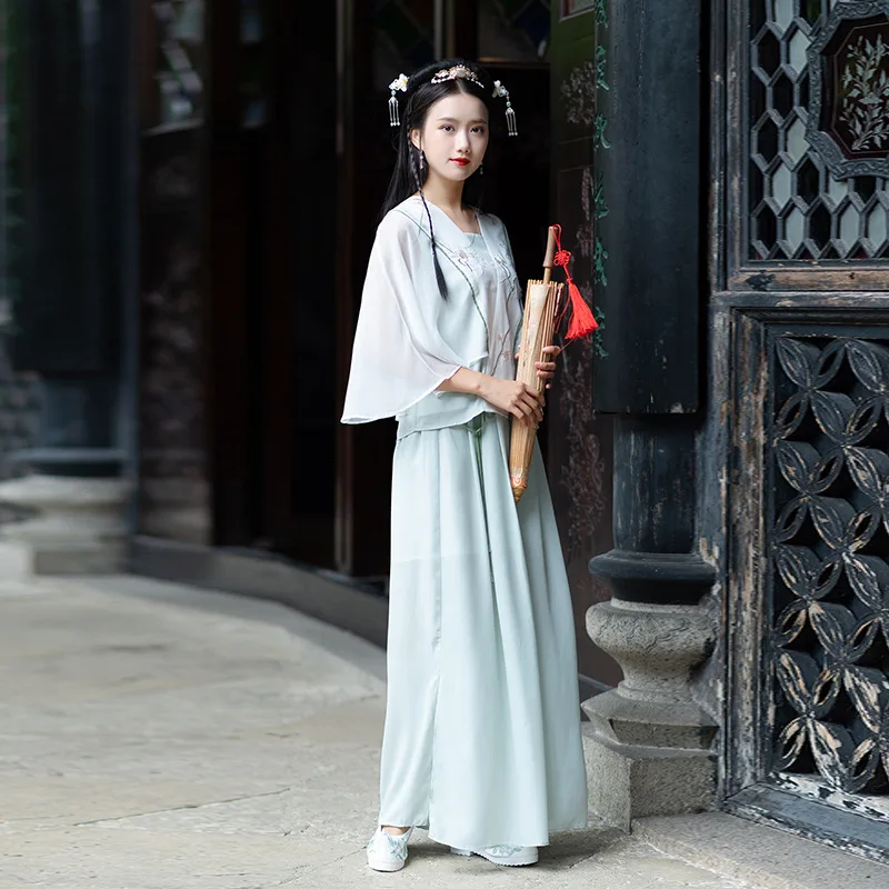 Женский Зеленый Классический танцевальный костюм Hanfu платье феи с вышивкой наряд