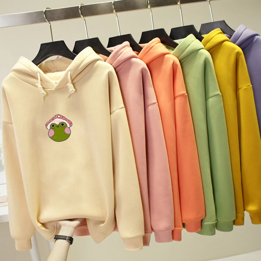 Loose Pink Hoodies Women Vintage Sweatshirt Aesthetic Frog Aesthetic Fleece Drawstring Pullover Sweetshirt Streetwear Unisex Top