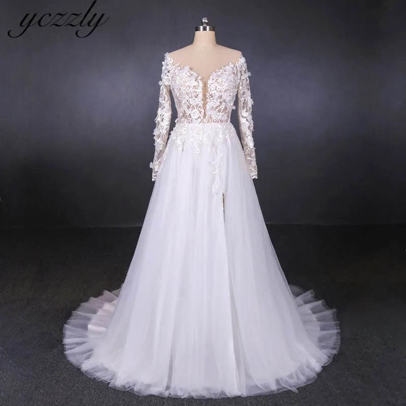 Сексуальное Кружевное пляжное свадебное платье с длинным рукавом и прозрачным