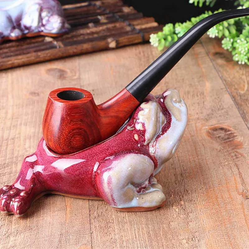 

Large rosewood curved tobacco used solid wood pipe with long handle and reading bucket