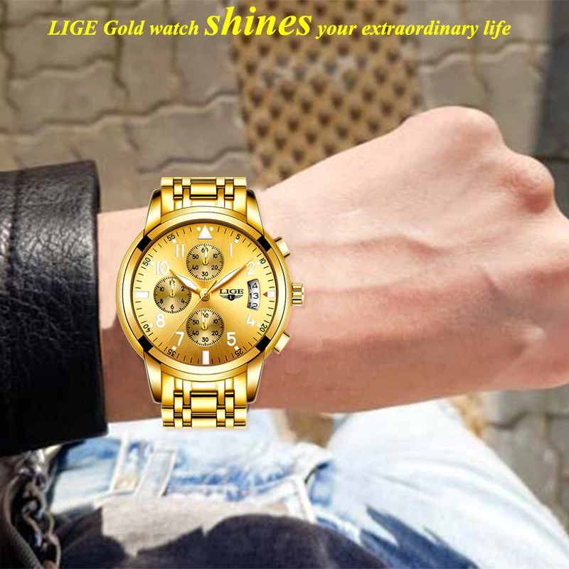 2019 LIGE мужские Топ люксовый бренд водонепроницаемые золотые часы с хронографом