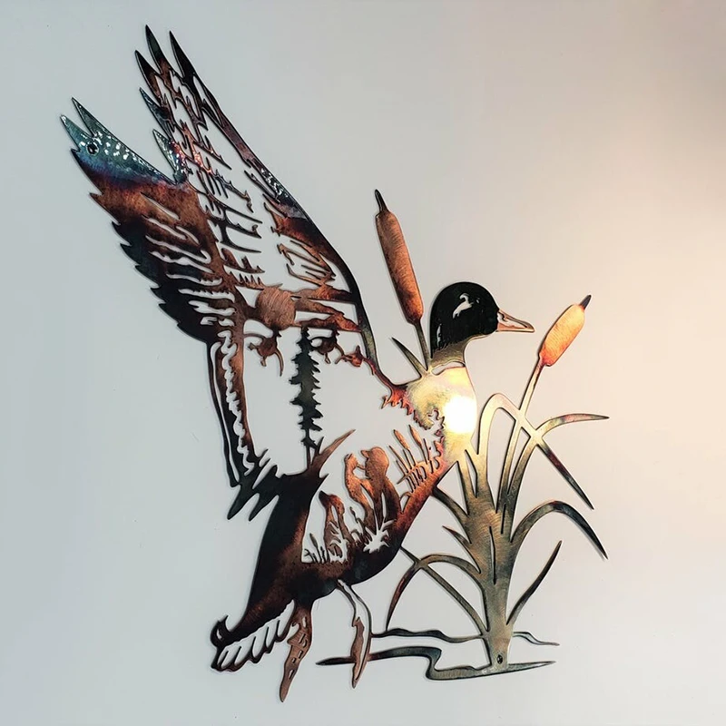 

Solo Mallard Hunting & Trout Fishing Scene Metal Wall Art Animal Shape Wall Decal Vivid Decoration for Home KI