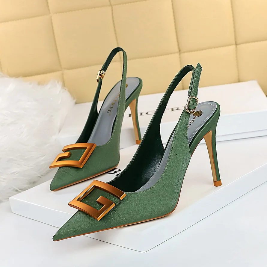 

BIGTREE Shoes Pointed Toe Women Pumps Metal Square Buckle High Heels Stiletto Sexy Party Shoes Back Strap Hollow Women Sandals
