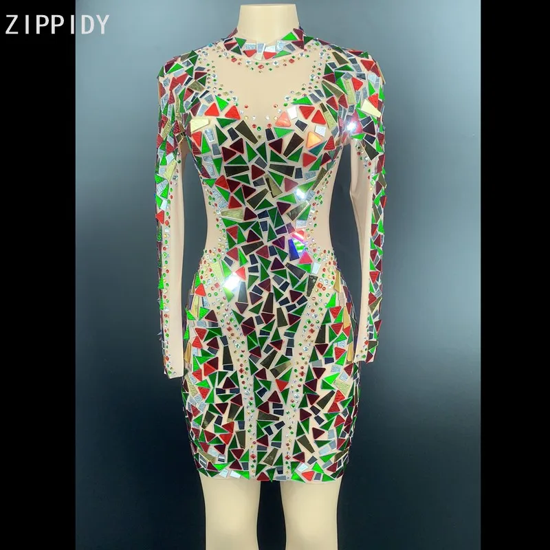 

Сверкающие камни, зеркальное Сетчатое платье, наряд для празднования дня рождения, женское прозрачное короткое платье с блестками YOUDU