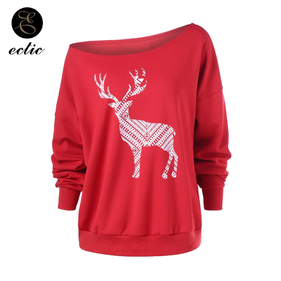 На Одно Плечо Свитшот Спортивная Кофта Рождества Косая Шея Олень Принт Худи
