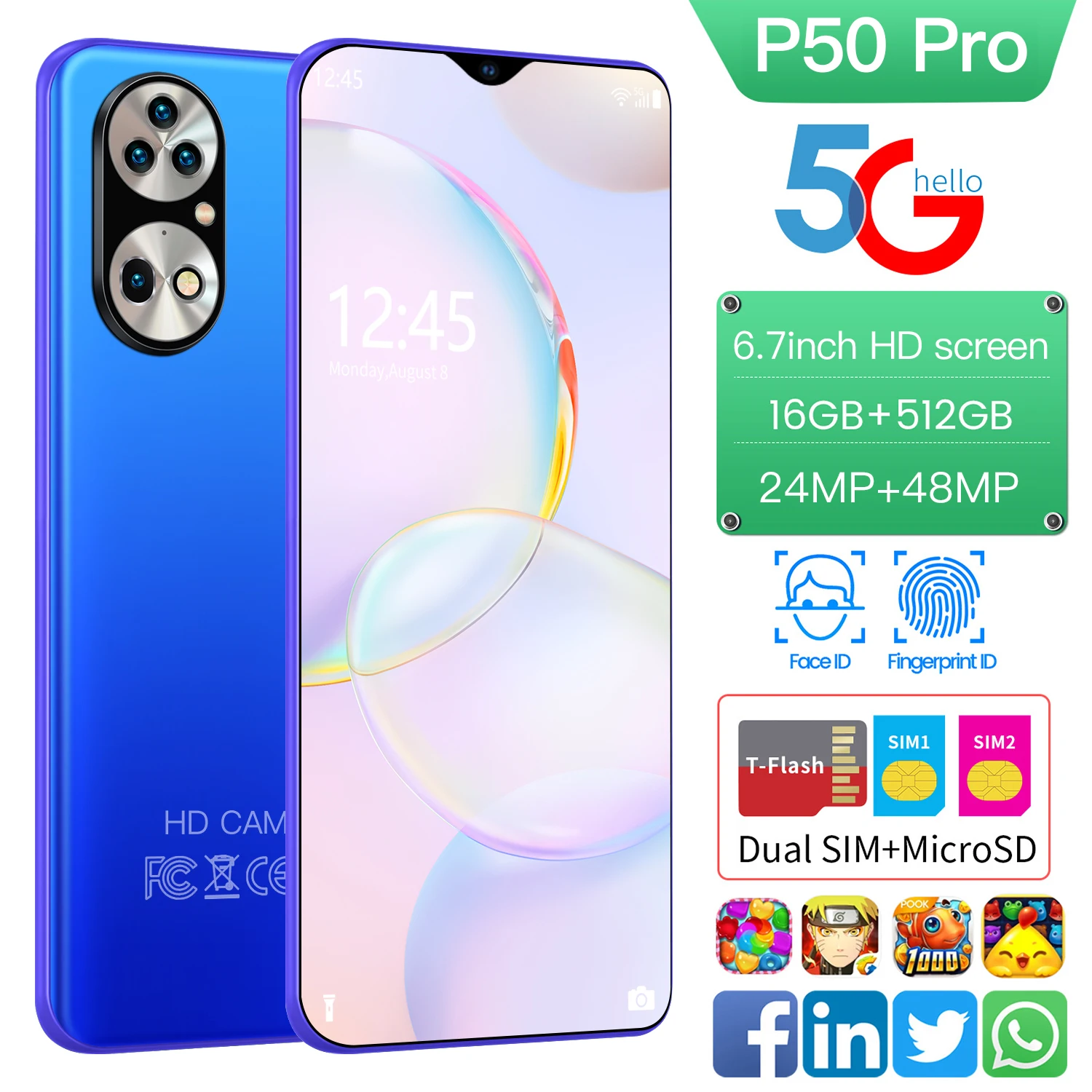 

Global Version Smartphone 6.7inch HD Screen P50 pro Phone Android 10.0 MobilePhone 48Mp16GB 512GB 5800mAh 4G5G Cellphone