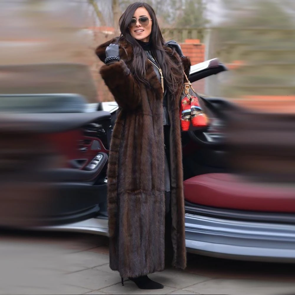 Женская шуба из натурального меха норки длинная длиной 120 см с поясом модная