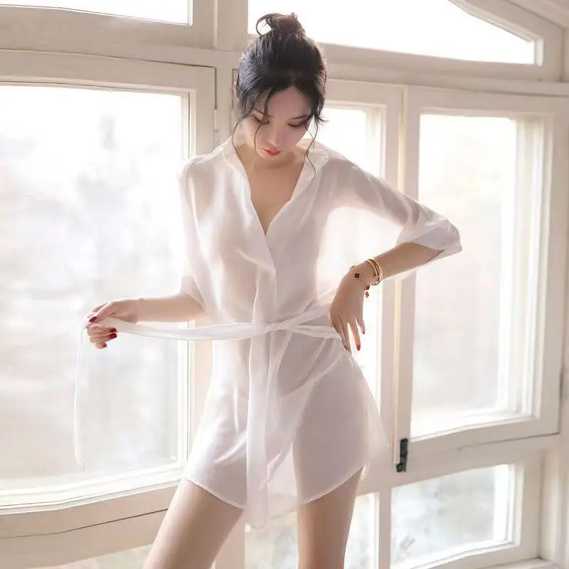 

2022Sexy Night Dress Sleepwear Plus Size Chiffon Nightwear See Throught Pijama Transparan Lingerie Women Deep V Boyfriend Shirts