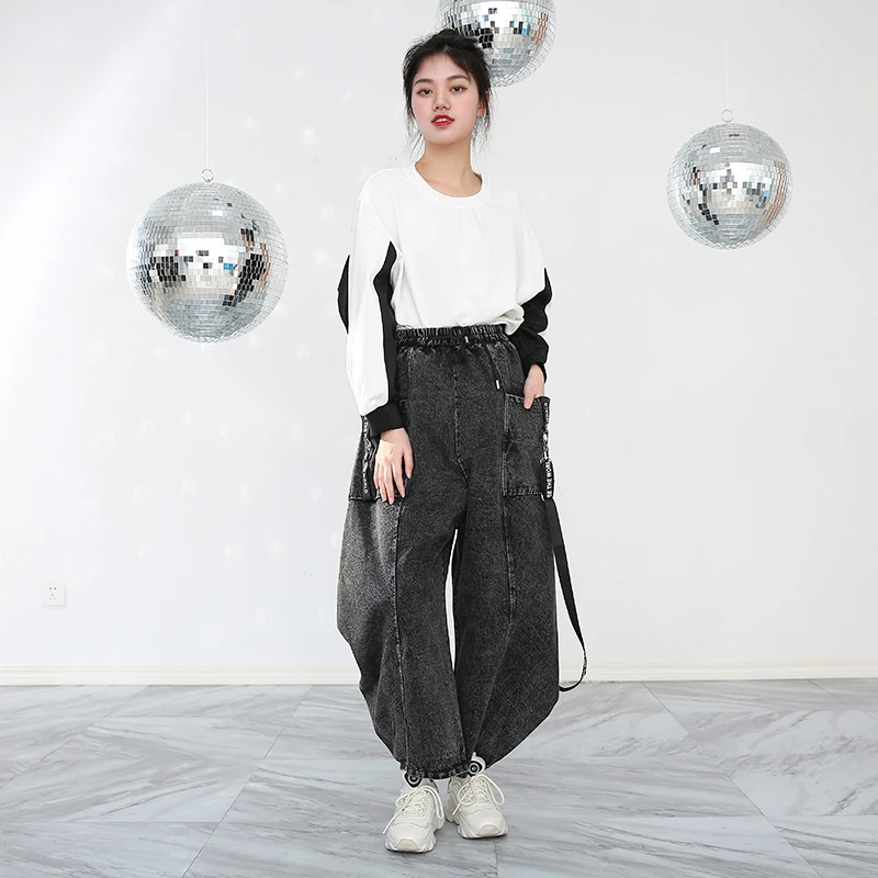 

[EAM] High Elastic Waist Pocket Split Long Denim Wide Leg Trousers New Loose Fit Pants Women Fashion Spring Autumn 2021 1D20201