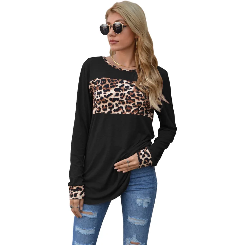 

Leopard Patchwork t Shirt Women Casual Top Ladies Loose t Shirt Female Long Sleeve Pullovers Autumn Spring Top