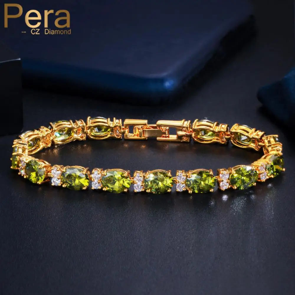 

Pera Brand Design Olive Green Cubic Zirconia Yellow Gold Round Link Bracelets for Women Luxury Wedding Party Femme Jewelry B180