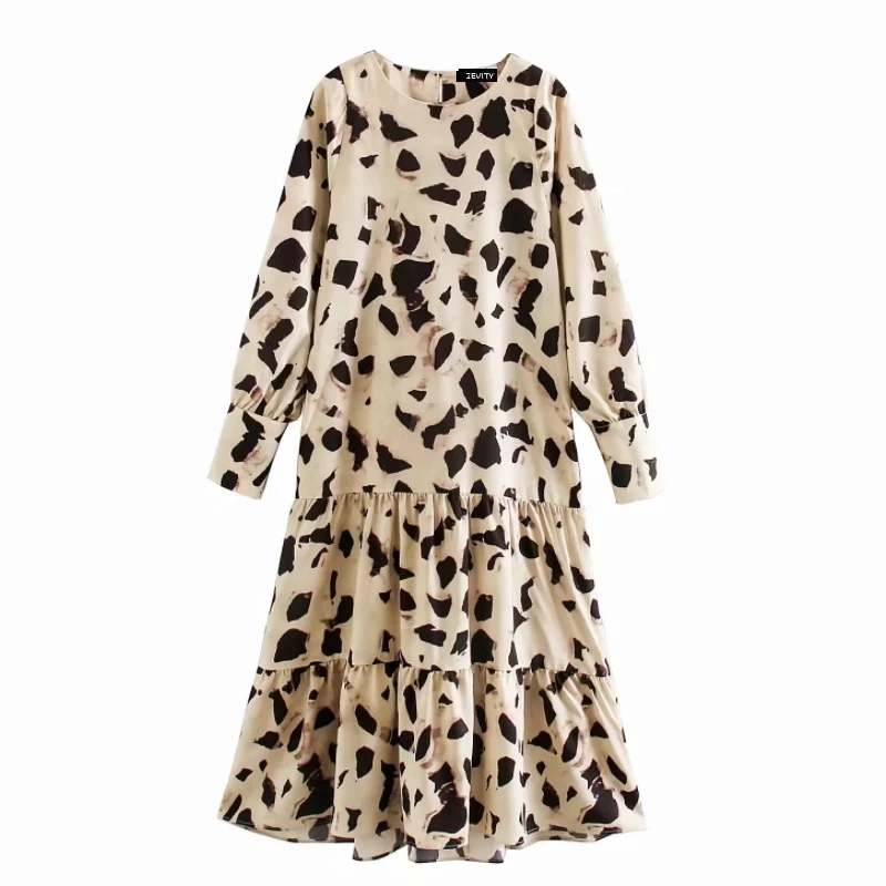 Женское винтажное платье рубашка с круглым вырезом длинным рукавом и принтом