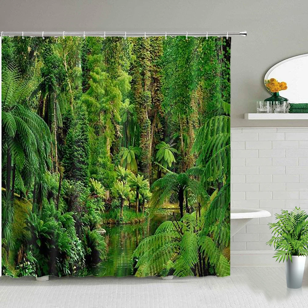 green tropical plants forest shower curtains palm tree flower bird leaves 3d printing bathroom decor waterproof bath curtain set free global shipping