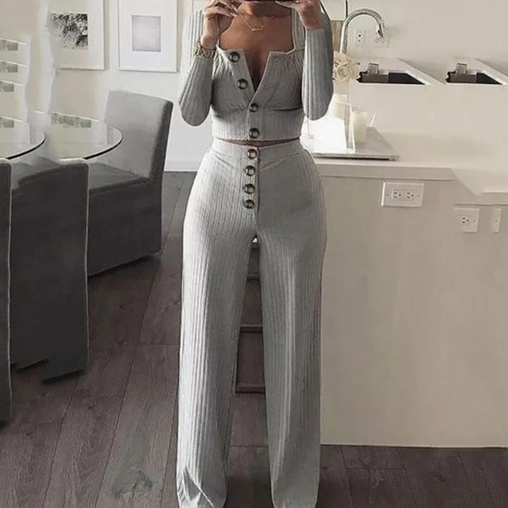 White Spring Women's 2 Piece Knitted Outfits Button Square Collar Long-Sleeve Crop Top Pants Two Set Women Party Clothes | Женская