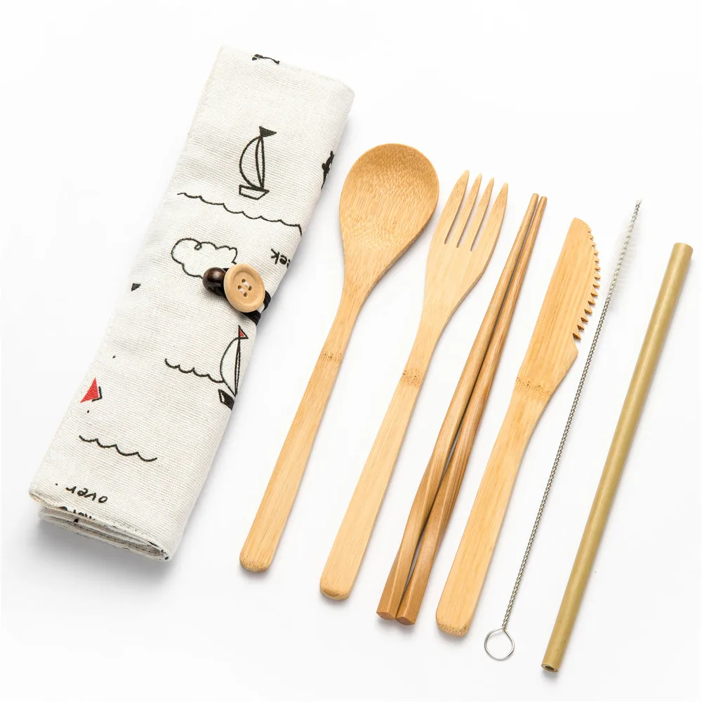 7pcs setB011 Многоразовый бамбуковый кухонный набор инструментов для приготовления пищи, набор деревянных столовых приборов, вилка, резак, сумка для резки, вилка, ложка, набор ножей или набор посуды для пикника - Цвет: 7pcs setB011