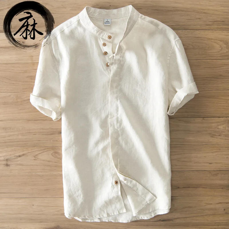 

Men's with a short sleeve white navy khaki stand collor linen casual shirts solid summer shirt for men