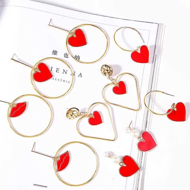 Модные эмалированные красные серьги-капли в форме сердца и губ для женщин 2019