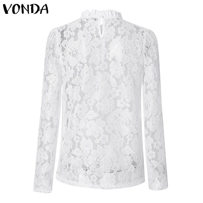 VONDA, белая кружевная блузка, женская рубашка, весна-осень, длинный рукав, Круглый ворот, открытая, повседневная, для девушек, кружевные топы, Blusas Feminina 5XL