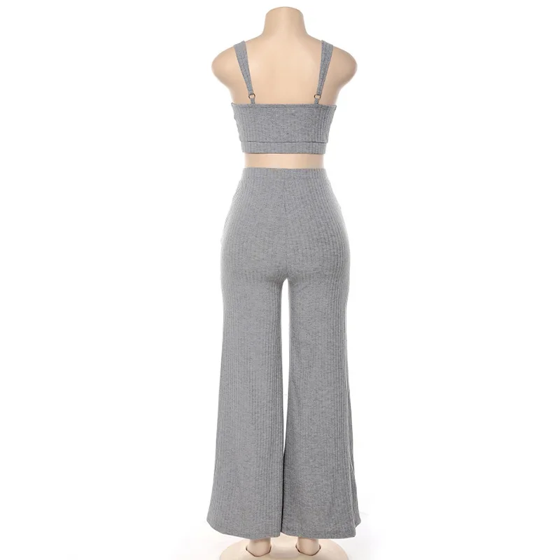 

2021 Women Sleeveless Tank Strap Crop Top Camisole Vest Pant Elastic High Waist Trouser Wide Leg Pants Two Pcs Set
