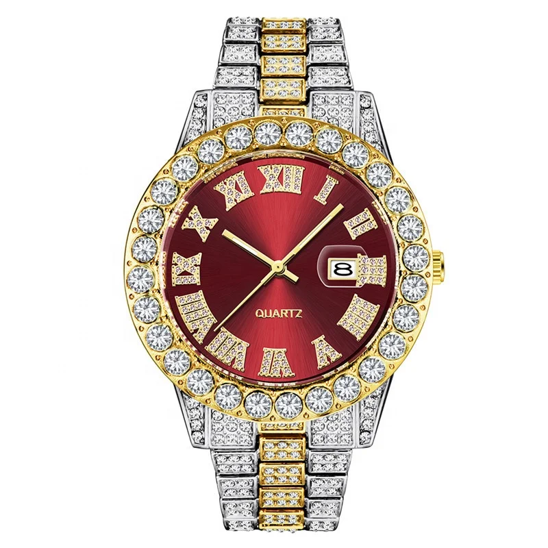 

Luxury Gold Roman Bling Hip Hop Full Iced Out Watch Quartz Red Diamond Watches Men Silver Gold Men Diomand Reloj De Diamantes