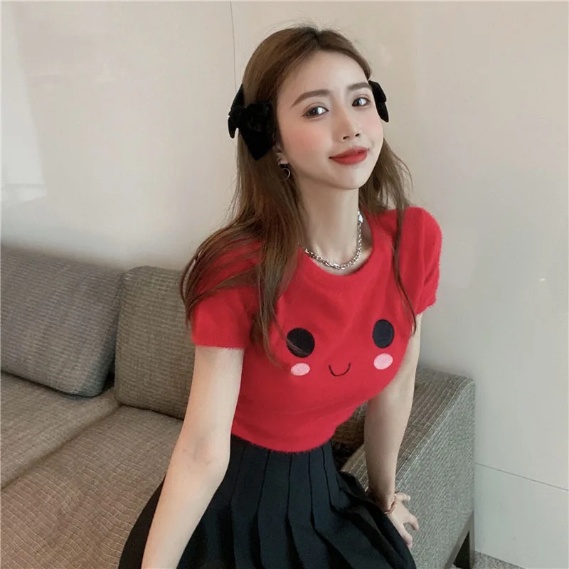 

Funny Cartoon Print Sexy Crop Tops Women Casual Short Sleeve Cotton Pullovers Tee Summer Slim Streetwear T-Shirt Woman 2021
