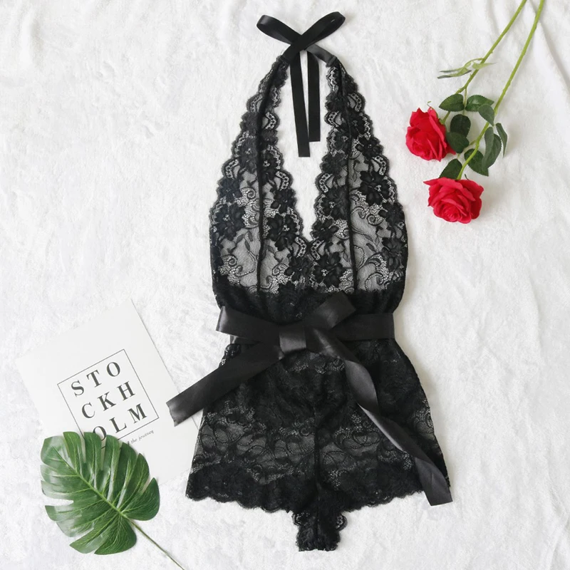 

2020 New Black Erotic Lingerie See-through Hollow Lace Temptation Three-point Suit One-piece Sexy Pajamas